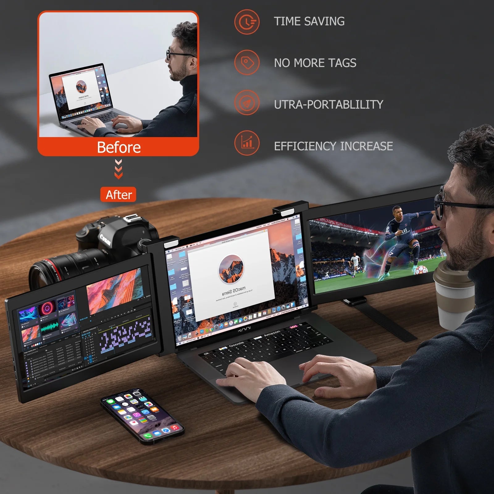 Portable Triple Monitor for 15-17 inch Laptop, 1080P IPS, Plug & Play, USB/HDMI, Black A4747