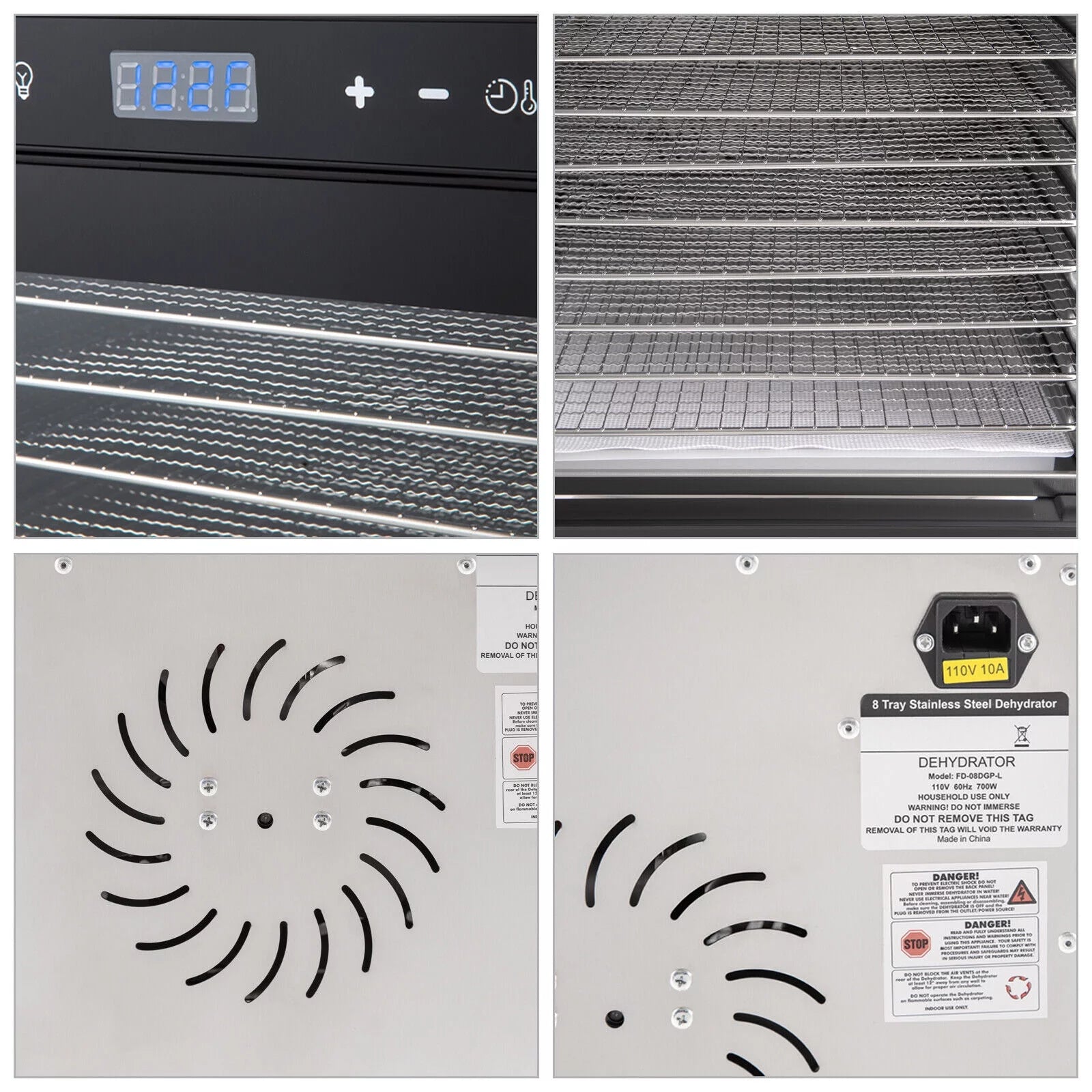 6/8 Tray Food Dehydrator Stainless Steel Meat Fruit Vegetable Dryer T69795