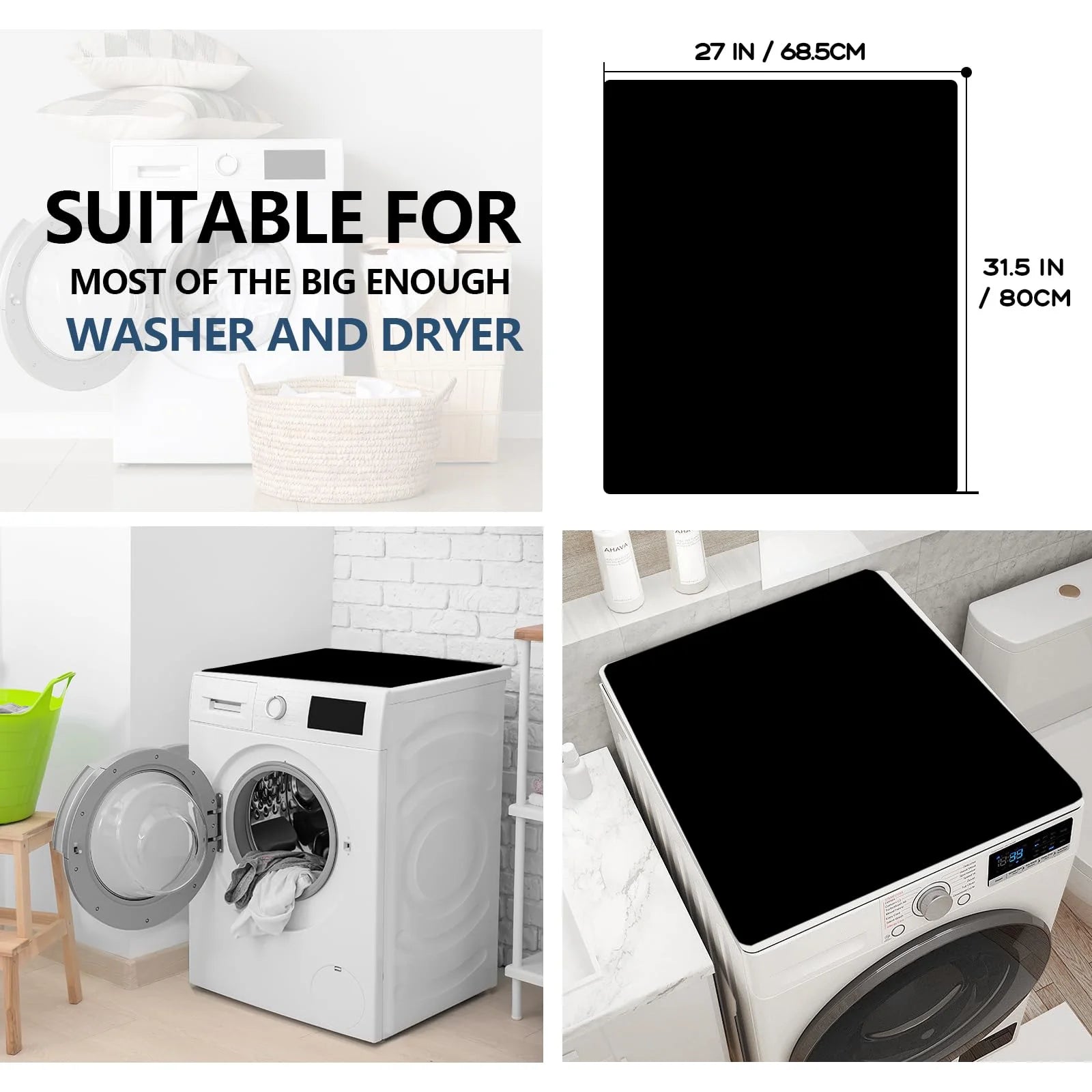 Anti-Slip Washer and Dryer Top Mat, 27" x 31.5" Black, Dust-Proof Protector M860