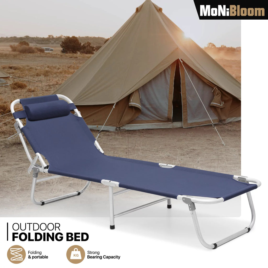 Portable Folding Bed Reclining Lounger Camping Cot with Pillow and Carry Bag J26660