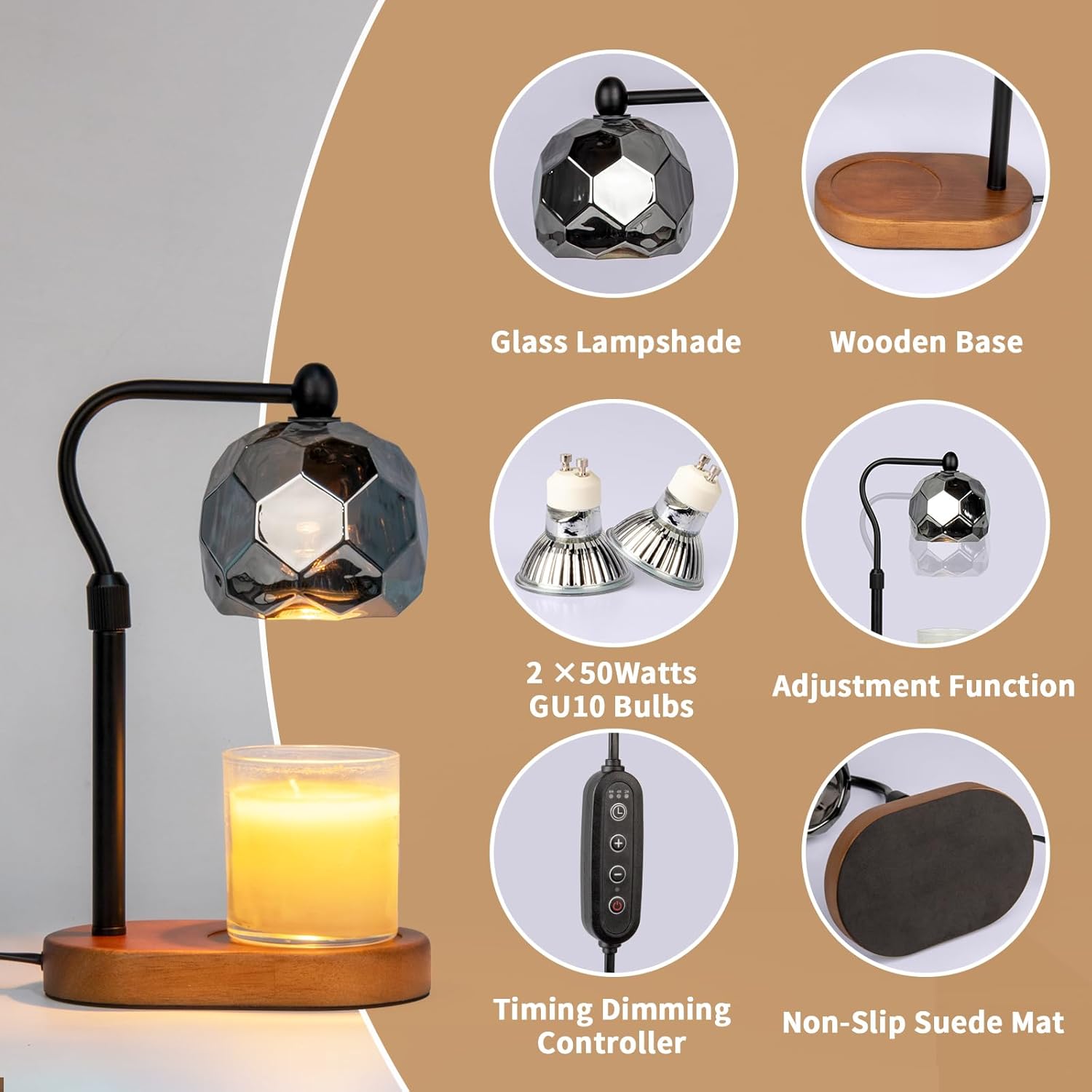 Candle Warmer Lamp with Timer, Adjustable Dimmer and Height, Wooden Base C5110