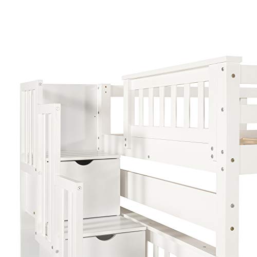 Twin Over Twin/Full Bunk Bed with Trundle and Drawers, Solid Wood Staircase T72769