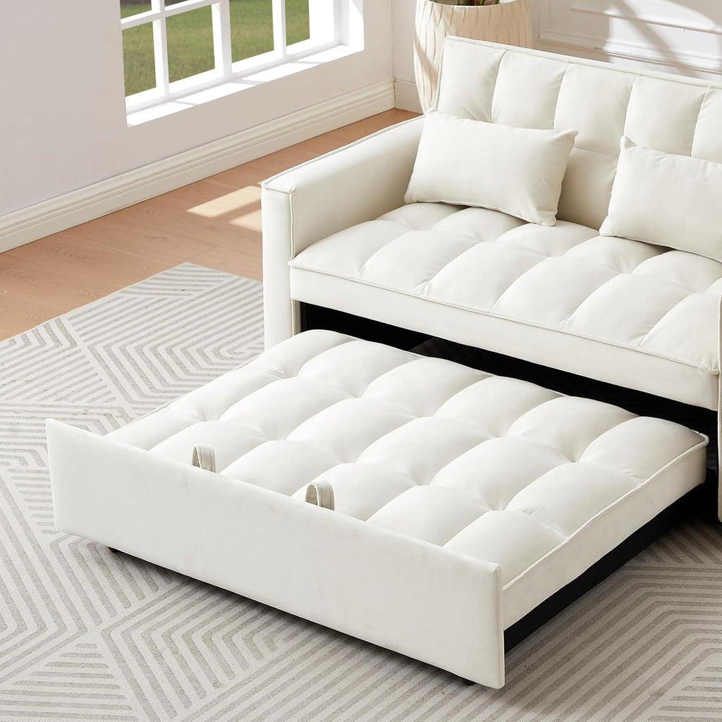 Convertible Loveseat Sleeper Sofa with Adjustable Backrest and Pull-Out Bed, Ivory G5626