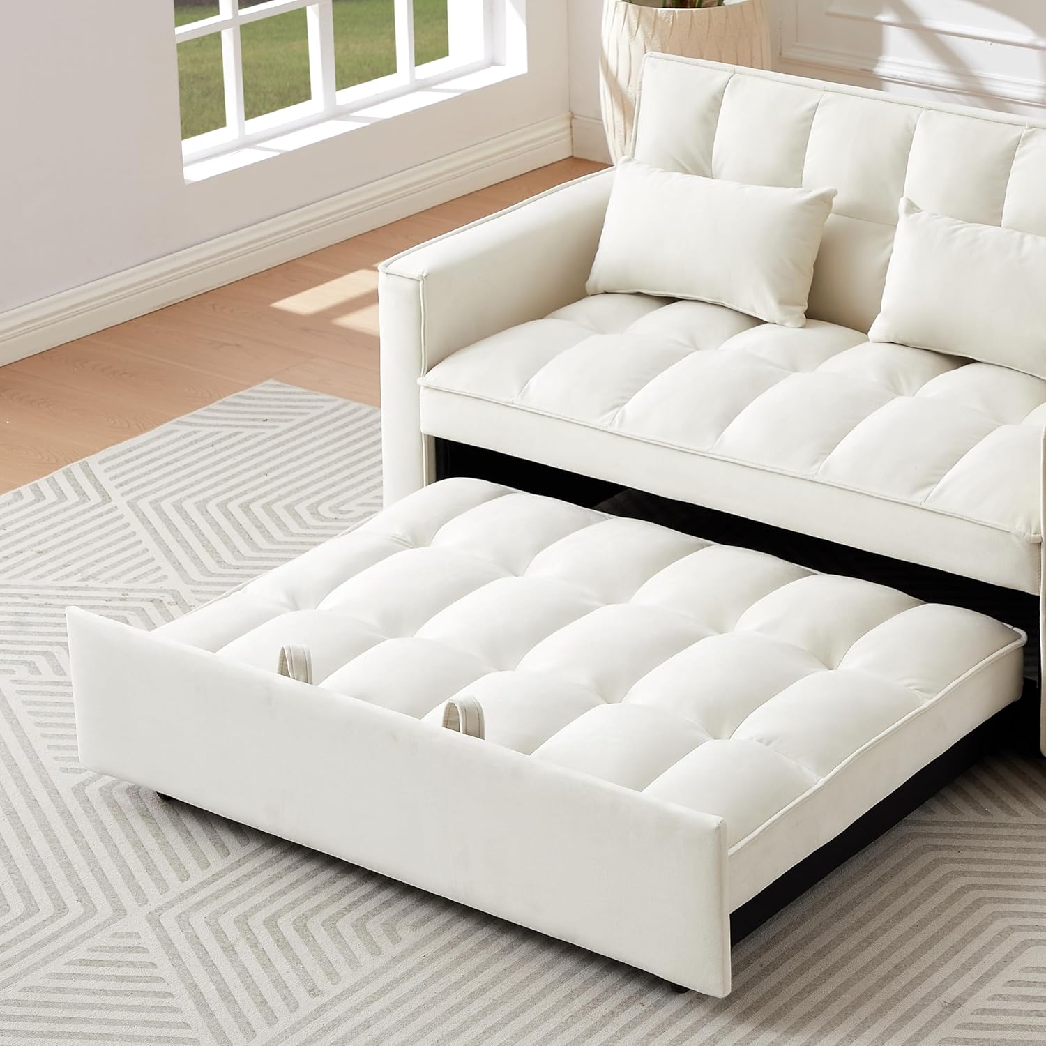 Convertible Loveseat Sleeper Sofa with Adjustable Backrest and Pull-Out Bed, Ivory G5626