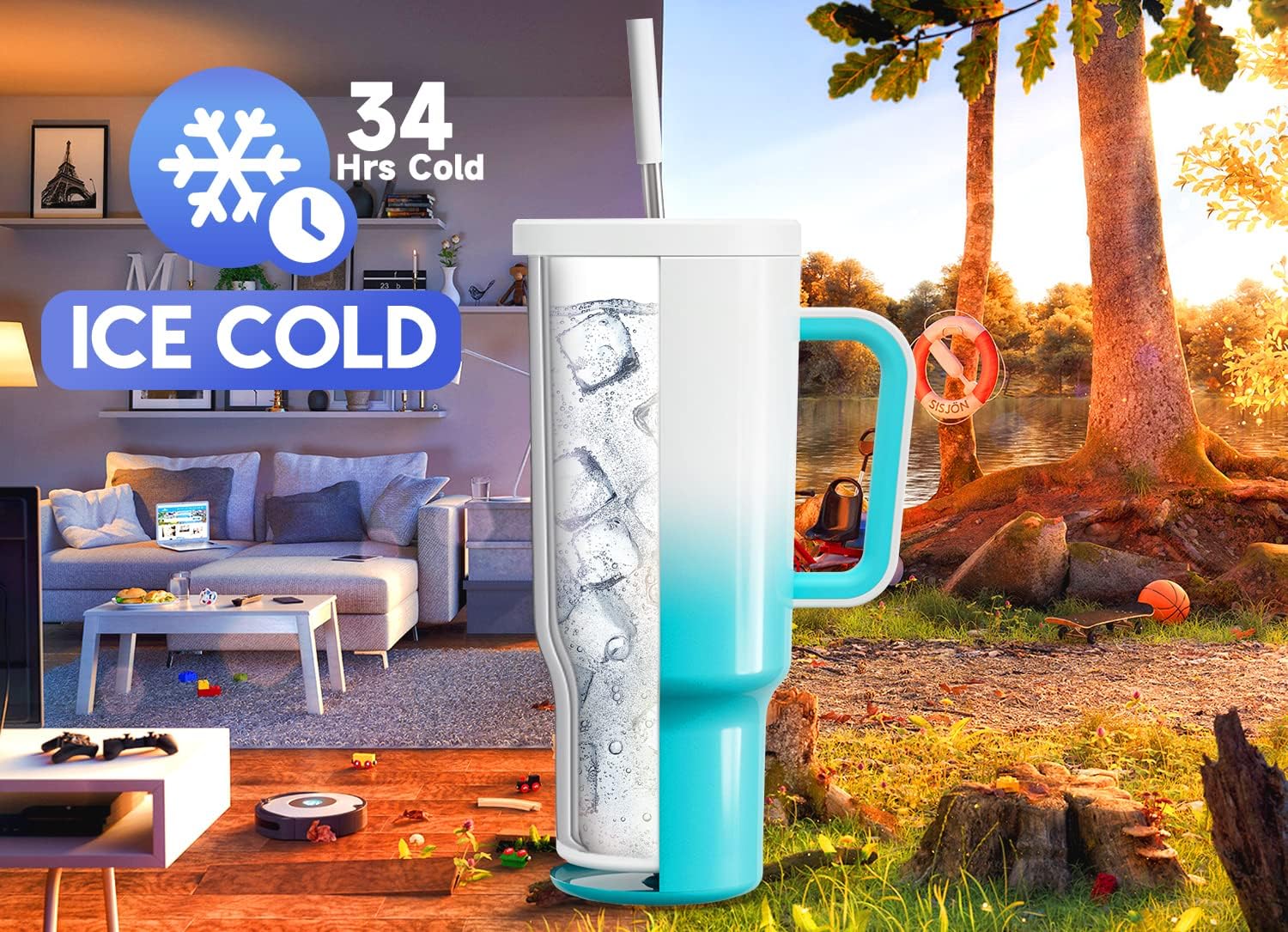 40oz Tumbler with Handle, 2 Pack, Leak-proof Lid and Straw, Insulated Stainless Steel Travel Mug I524