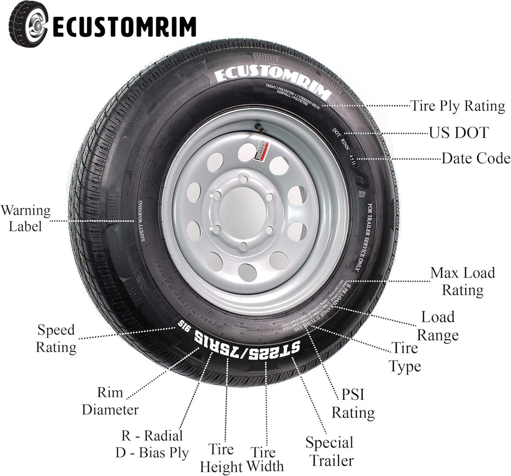 Trailer Tire on Rim ST205/75D15 15 in. Load C 5 Lug Silver Spoke Wheel Y2778