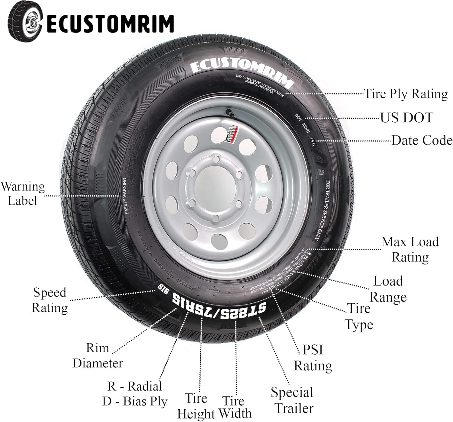 Trailer Tire on Rim ST205/75D15 15 in. Load C 5 Lug Silver Spoke Wheel Y2778