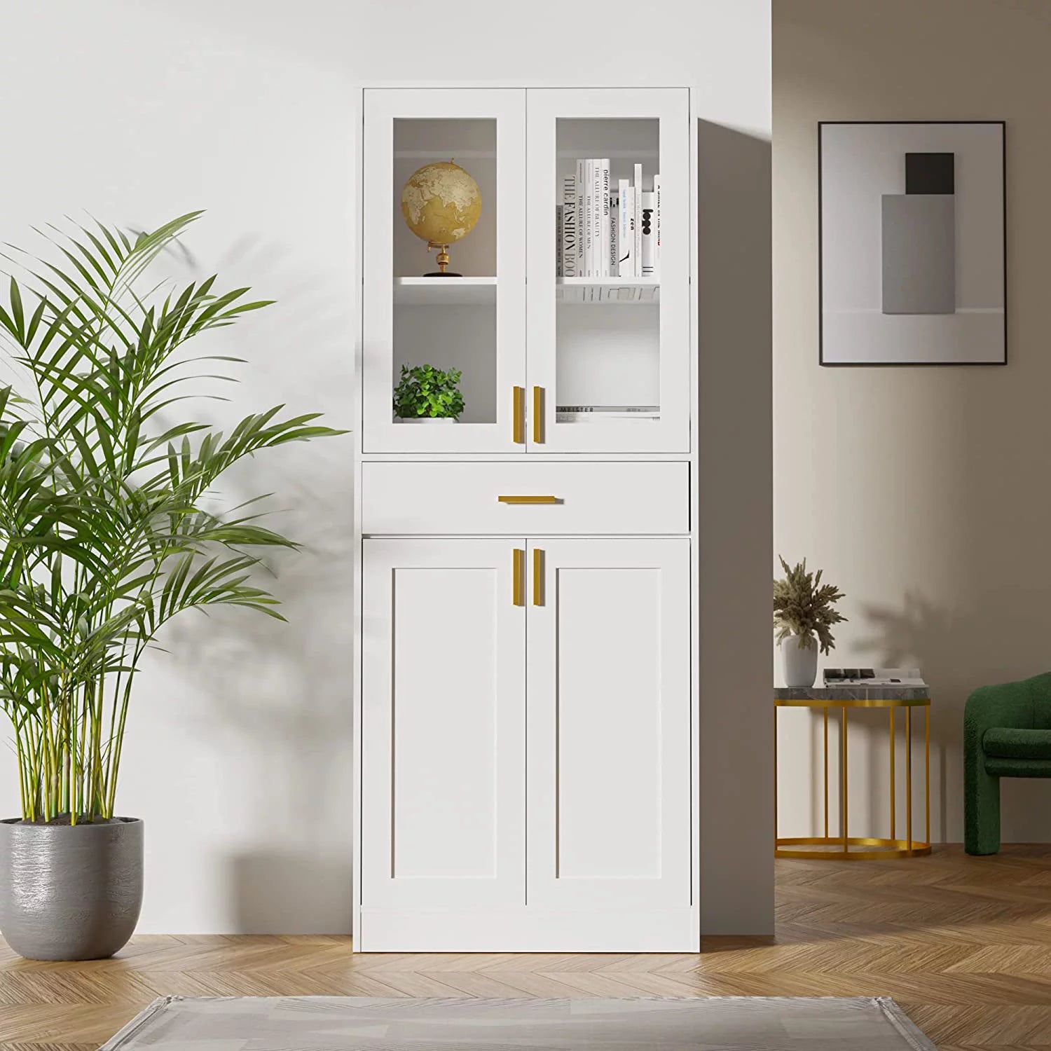 White Display Cabinet with Acrylic Glass Doors and Drawer U2968