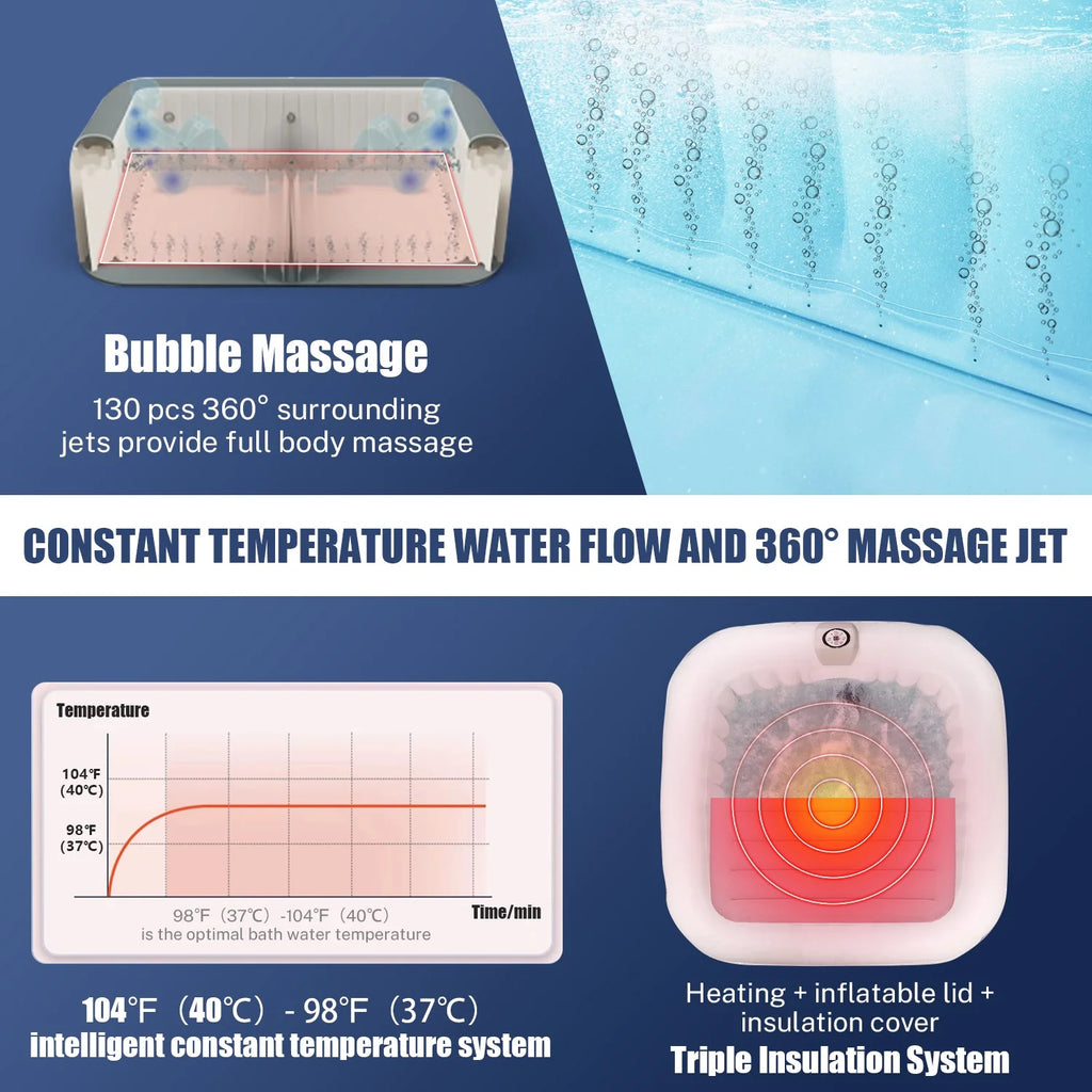 Inflatable Hot Tub for 6 Person, Portable Spa with 130 Jets, Lockable Cover and Storage Bag T3539