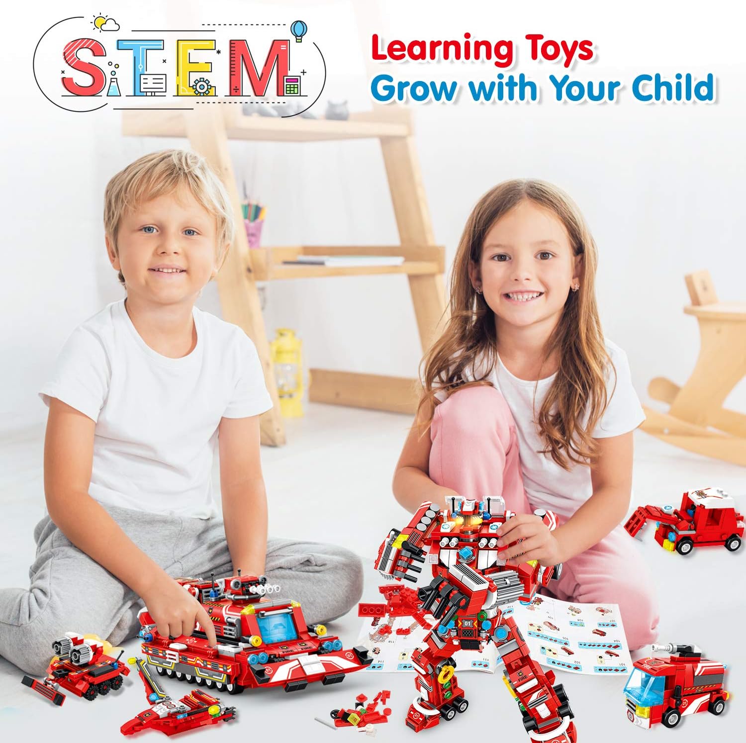 Robot Building Toys for Boys Age 6-10+, 836 PCS Construction Truck Blocks, STEM Educational Fire Rescue Vehicles Kit A89315