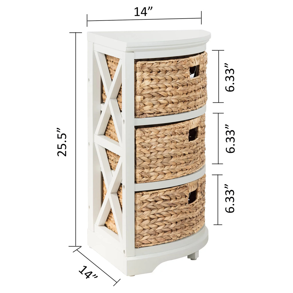 3 Tier Corner Storage Cabinet with 3 Wicker Baskets, White N35008