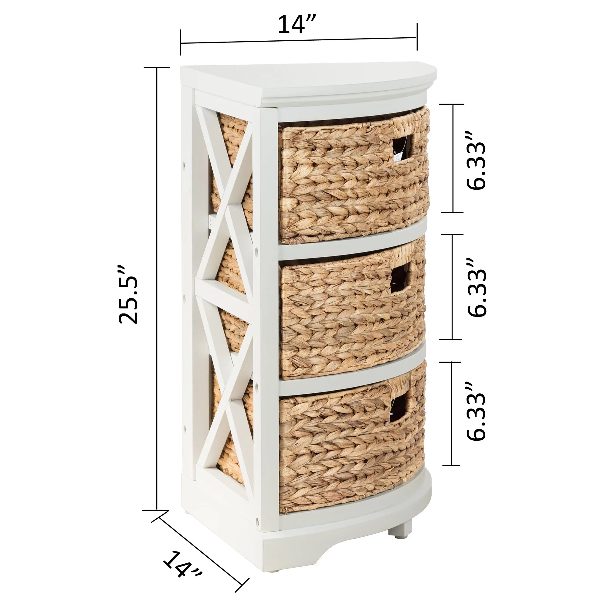 3 Tier Corner Storage Cabinet with 3 Wicker Baskets, White N35008