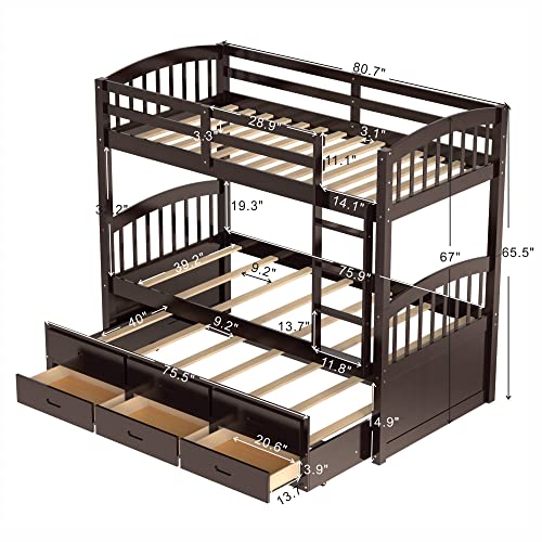 Twin Over Twin Bunk Bed with Storage Drawers and Trundle, Solid Wood Frame G366