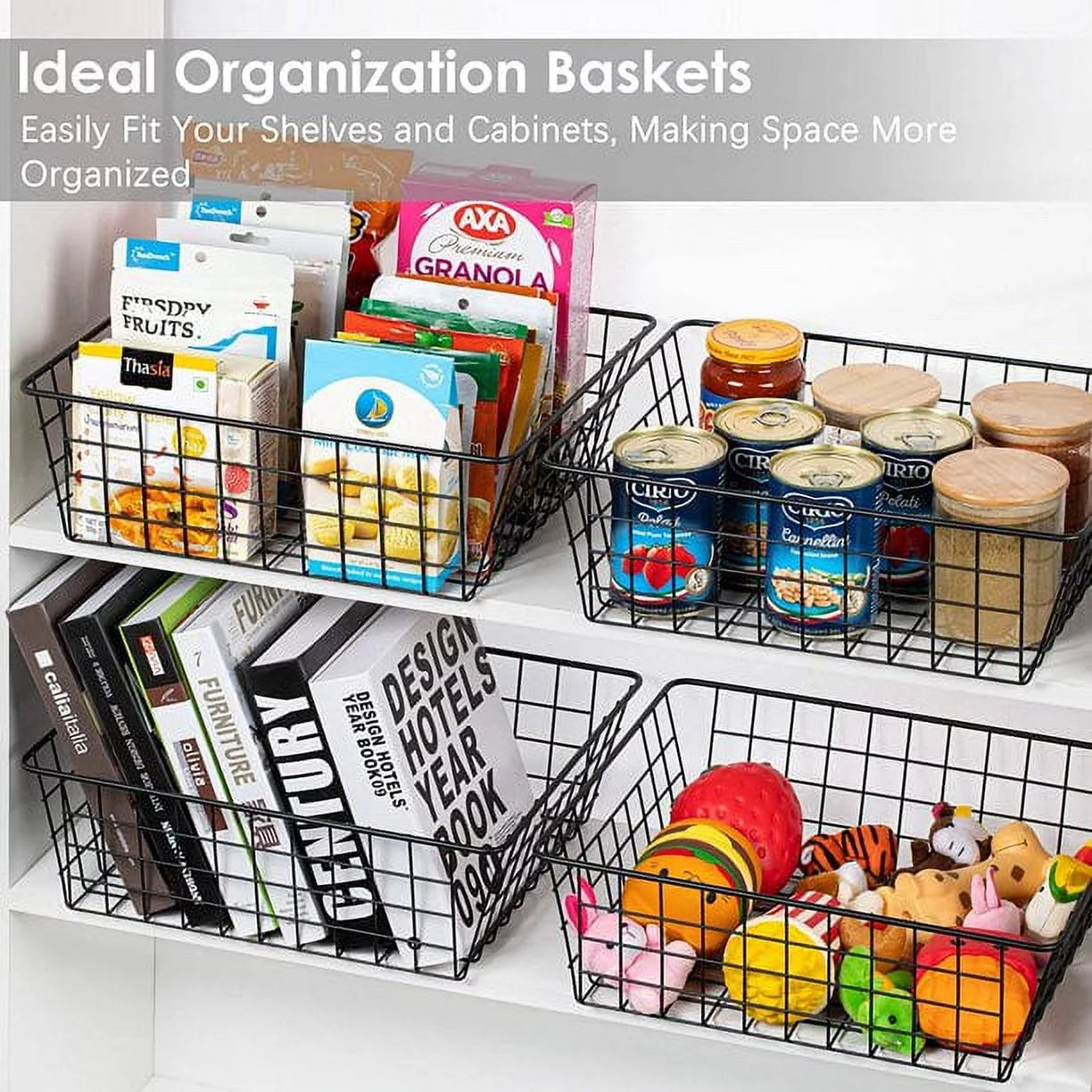 Metal Wire Storage Baskets with Handles, 4 Pack, Black H78236
