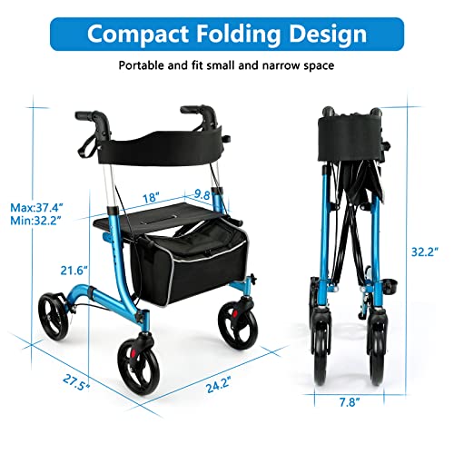 Rollator Walker for Seniors, Folding with Seat, 8-Inch Wheels, Lightweight Aluminum O8838