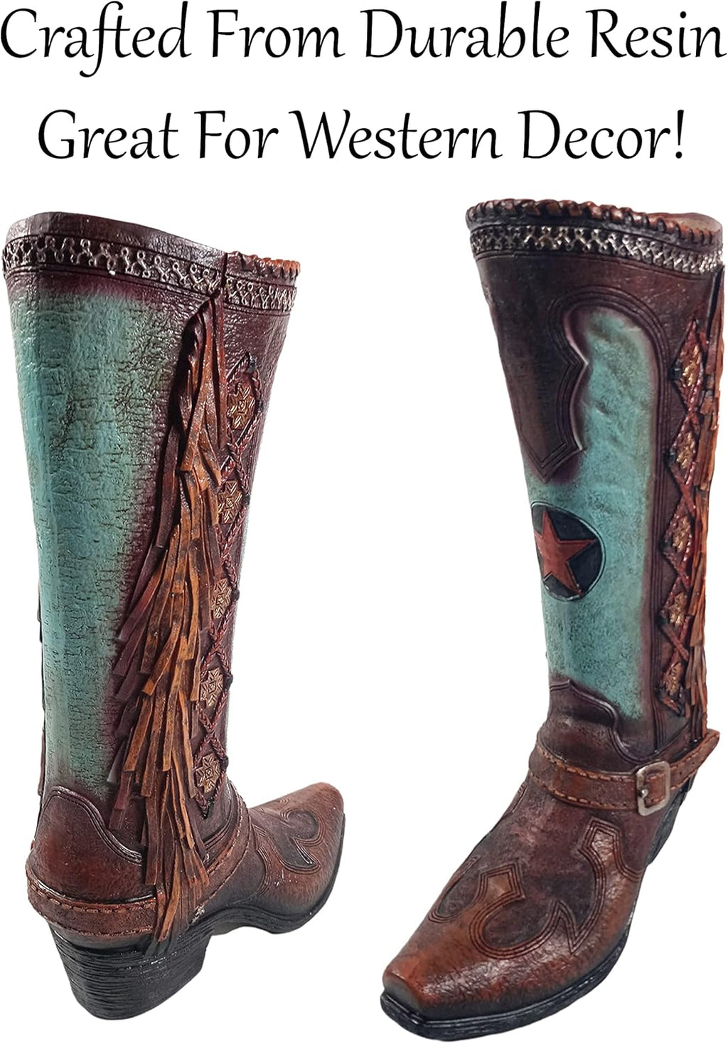Cowboy Boot Flower Vase 12 Inch Brown Teal Tassel N4486