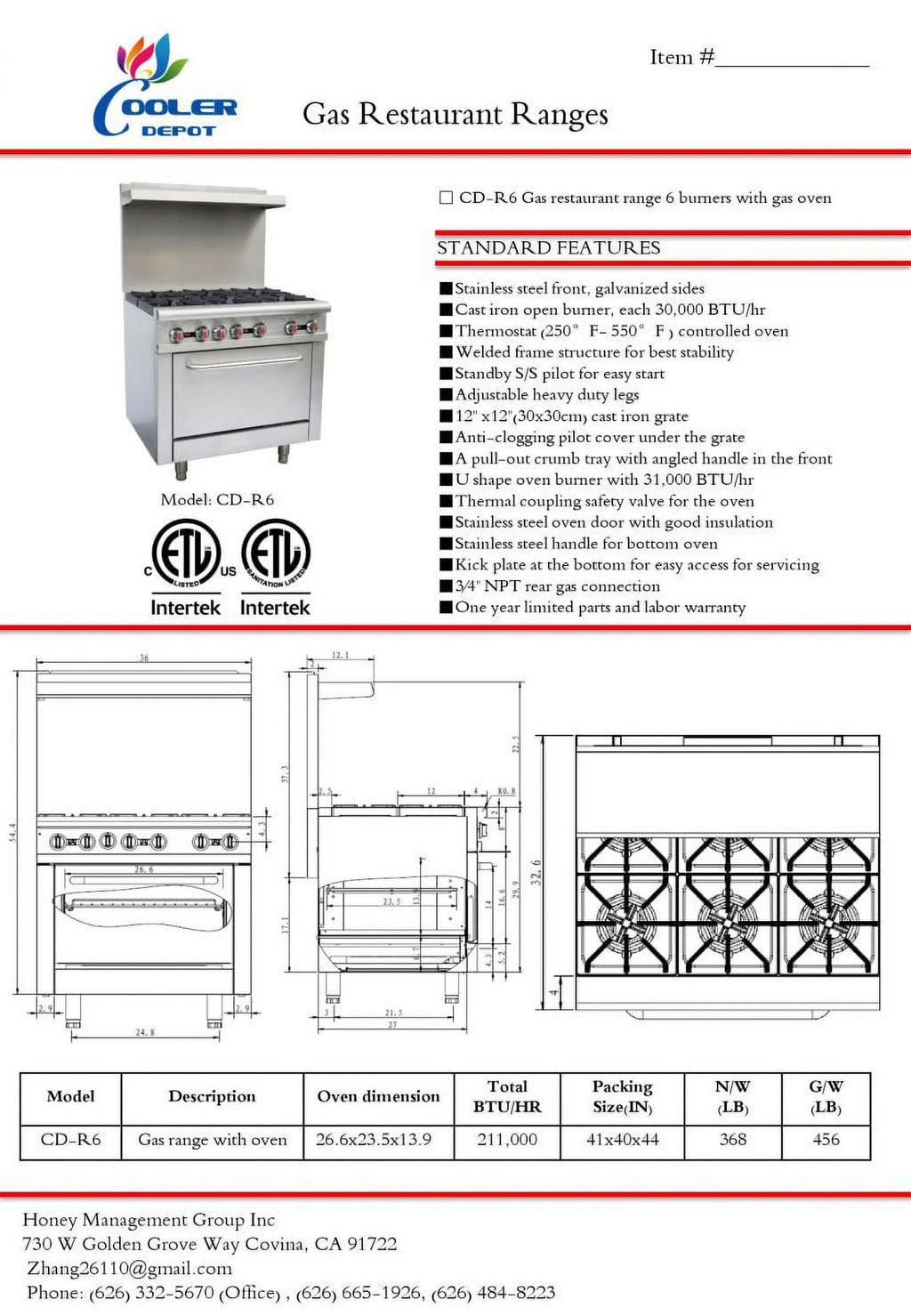 6 Burner Commercial Range & Oven with Natural Gas and Propane C15647