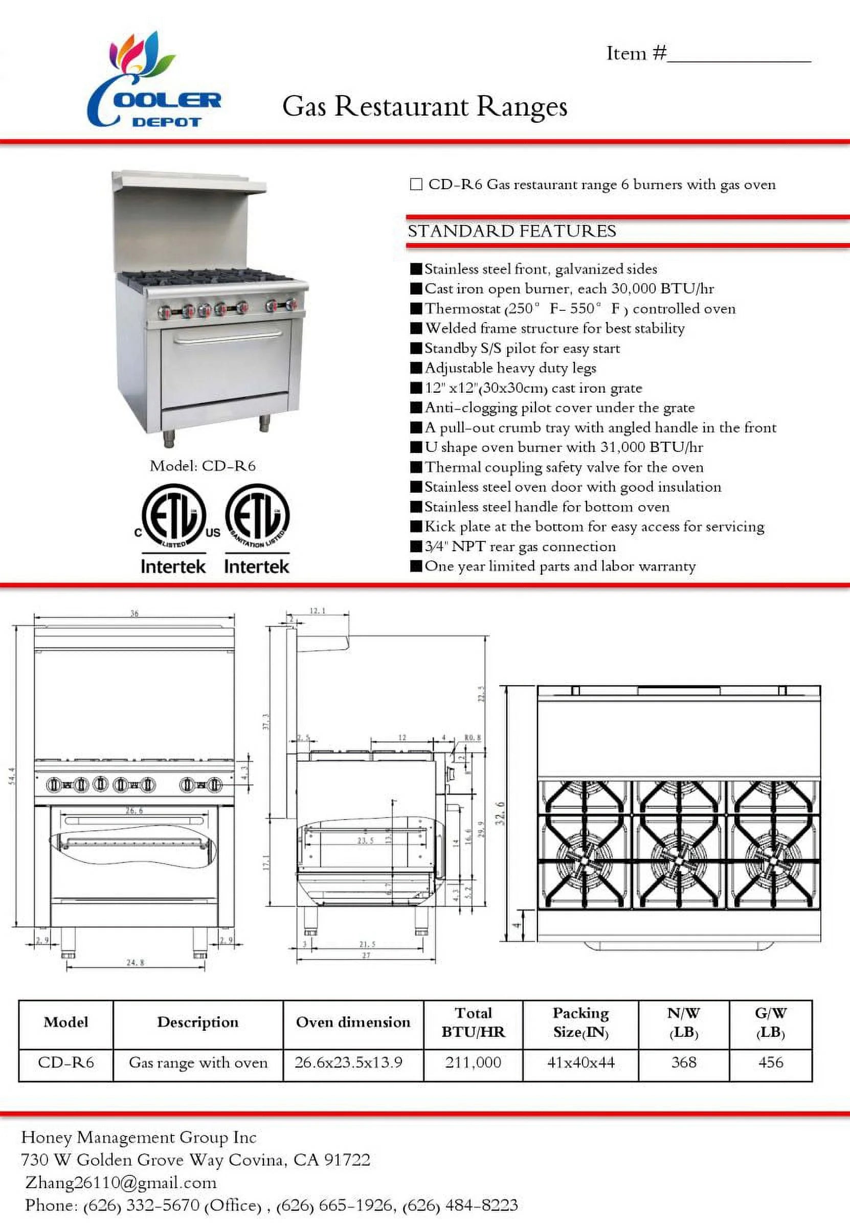 6 Burner Commercial Range & Oven with Natural Gas and Propane C15647