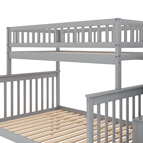 Twin Over Twin/Full Bunk Bed with Trundle and Drawers, Solid Wood Staircase T72769
