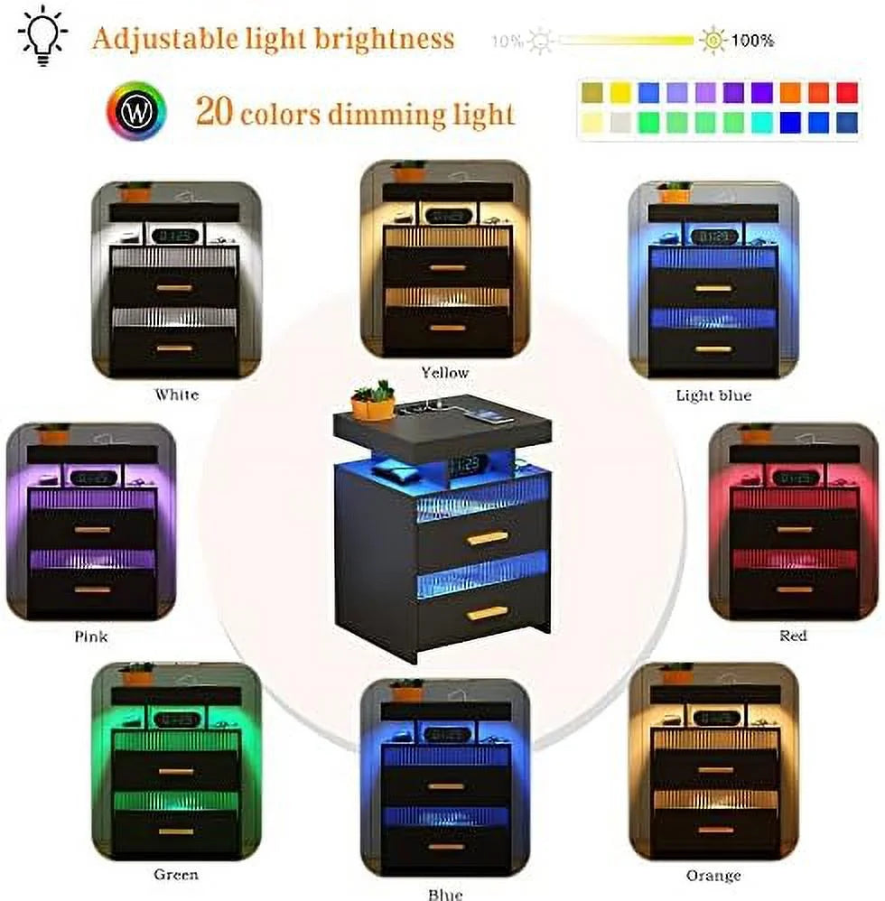 Nightstands Set of 2 with Charging Station and LED Lights I82647