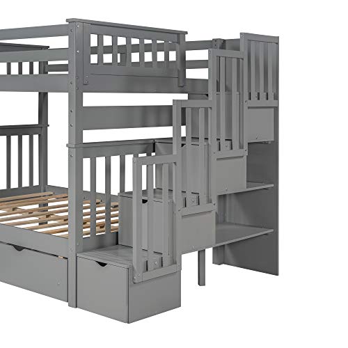 Twin Over Twin/Full Bunk Bed with Trundle and Drawers, Solid Wood Staircase T72769