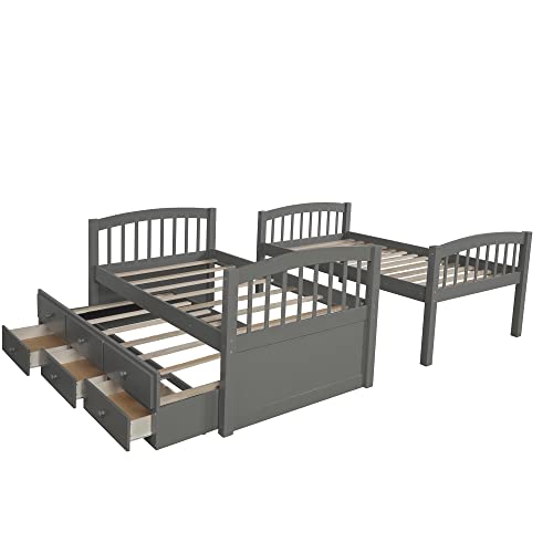 Twin Over Twin Bunk Bed with Storage Drawers and Trundle, Solid Wood Frame G366