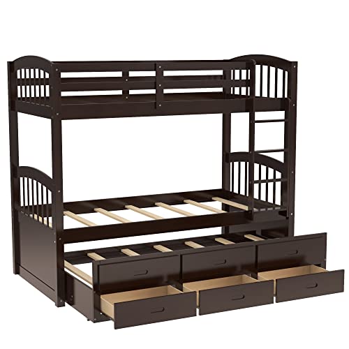 Twin Over Twin Bunk Bed with Storage Drawers and Trundle, Solid Wood Frame G366