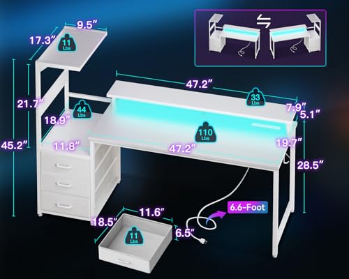 Gaming Desk with USB Charging Ports & LED Light, Reversible Computer Desk with Storage Shelves T781