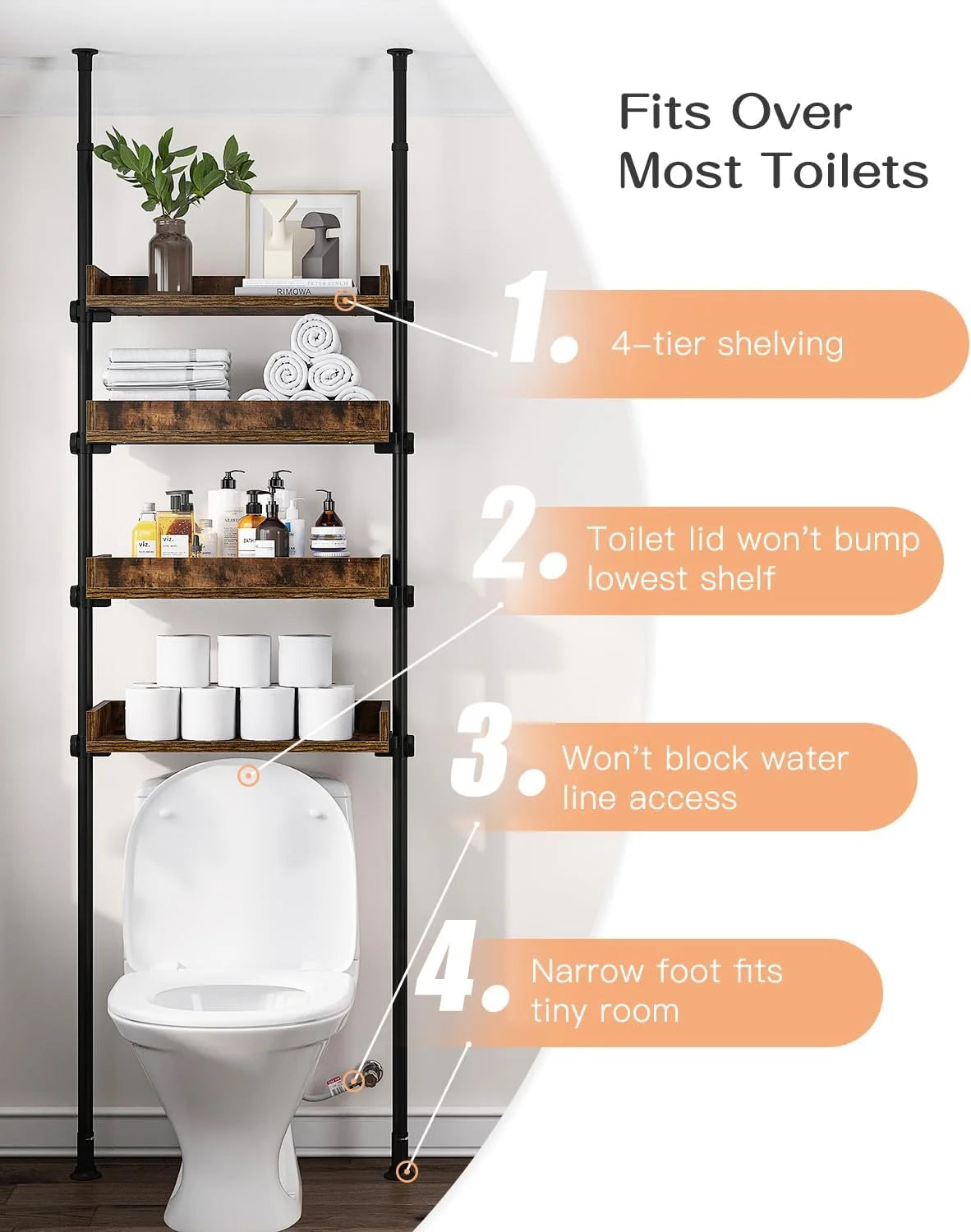 Bathroom Organizer, Over The Toilet Storage, 4-Tier Adjustable Wood Shelves C792