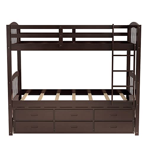 Twin Over Twin Bunk Bed with Storage Drawers and Trundle, Solid Wood Frame G366