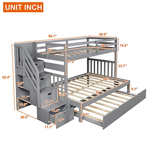 Twin Over Twin/Full Bunk Bed with Trundle and Drawers, Solid Wood Staircase T72769