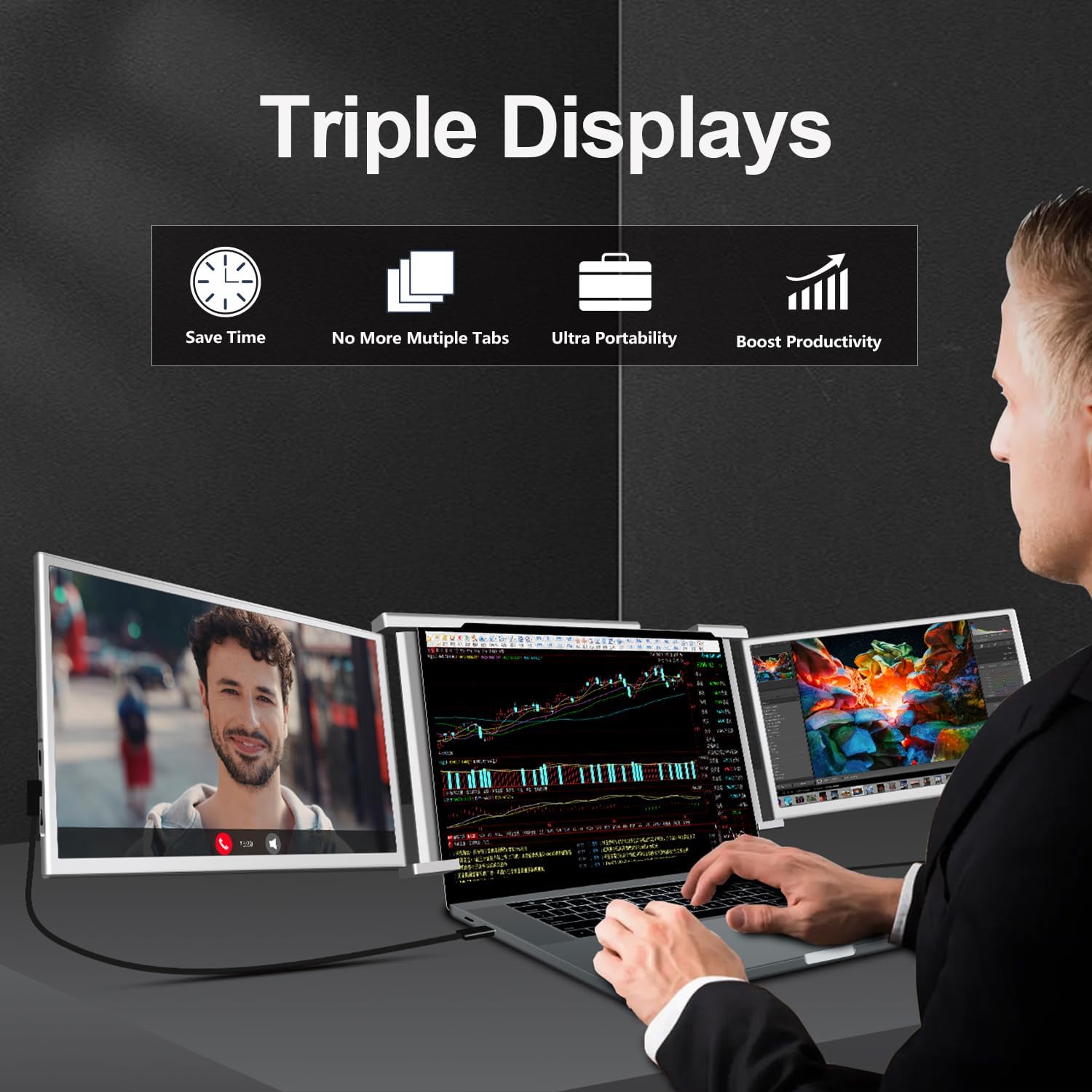 Triple Laptop Screen Extender, FHD 1080P IPS Portable Monitor, HDMI/USB-C I3124