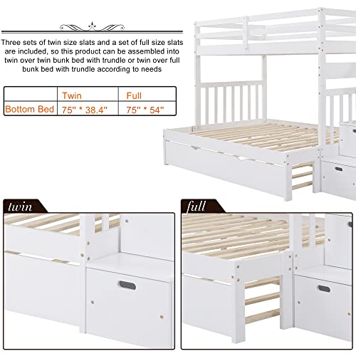 Twin Over Twin/Full Bunk Bed with Trundle and Drawers, Solid Wood Staircase T72769