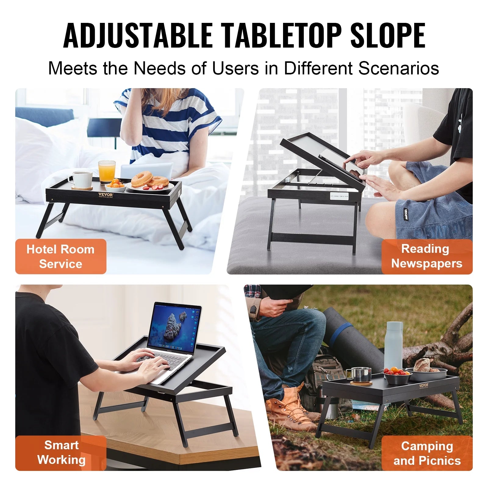Bamboo Bed Tray with Foldable Legs and Adjustable Slope X719