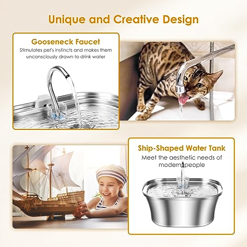 Cat Water Fountain with Water Level Window, 3.2L Stainless Steel E59293