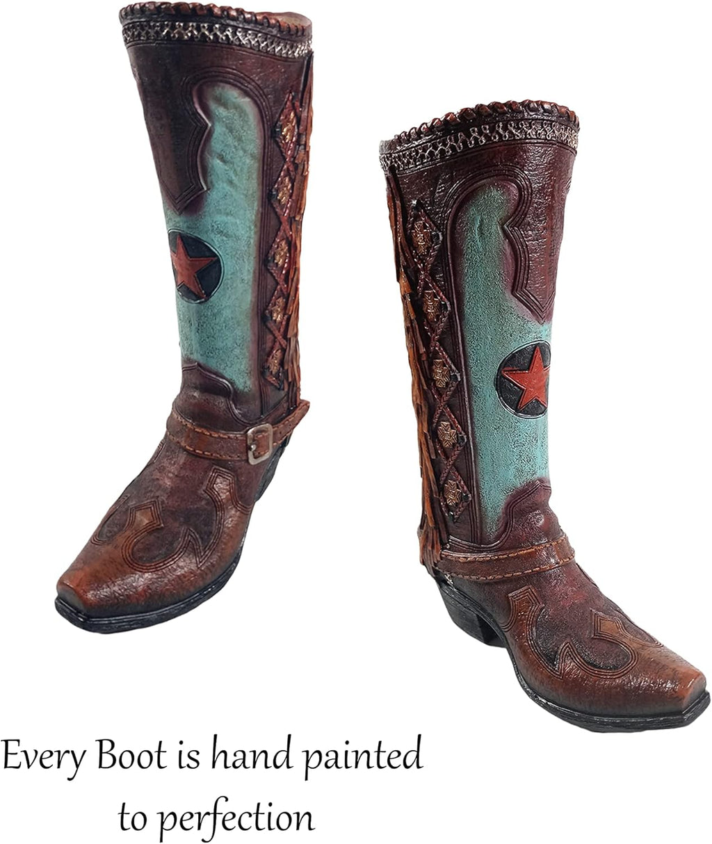 Cowboy Boot Flower Vase 12 Inch Brown Teal Tassel N4486