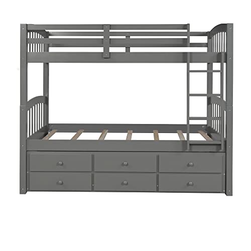 Twin Over Twin Bunk Bed with Storage Drawers and Trundle, Solid Wood Frame G366