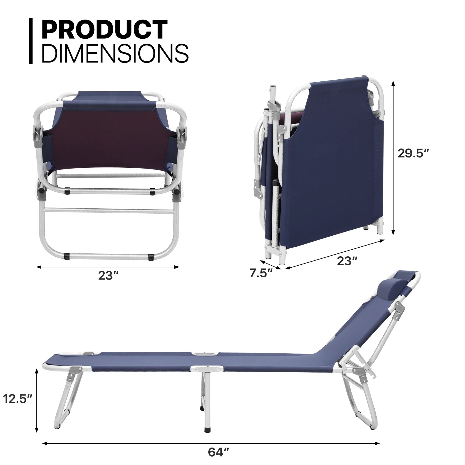Portable Folding Bed Reclining Lounger Camping Cot with Pillow and Carry Bag J26660