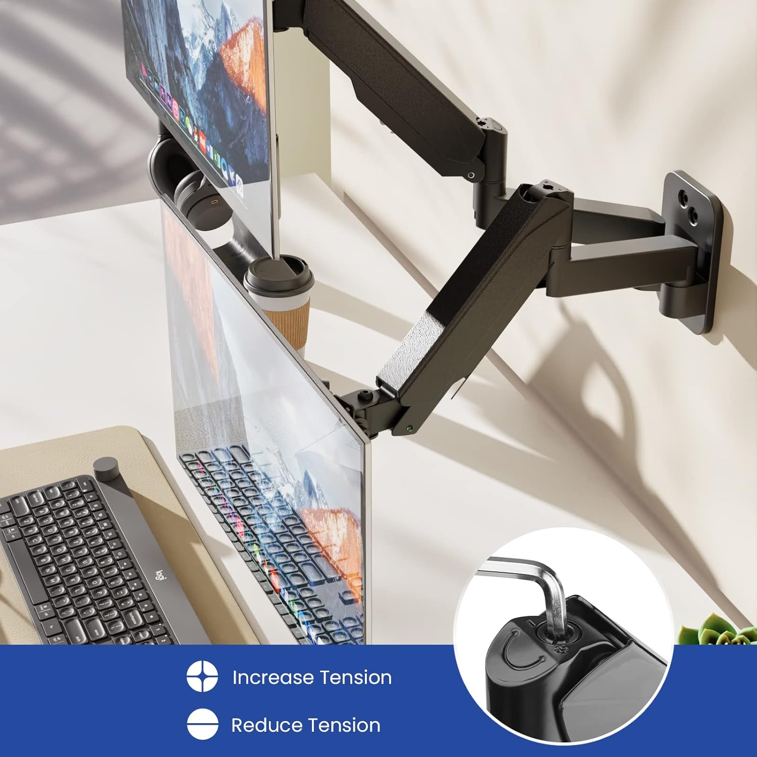 Dual Monitor Wall Mount, Gas Spring Arm for 17-32 Inch Screens, Full Motion Adjustable, Black T1803