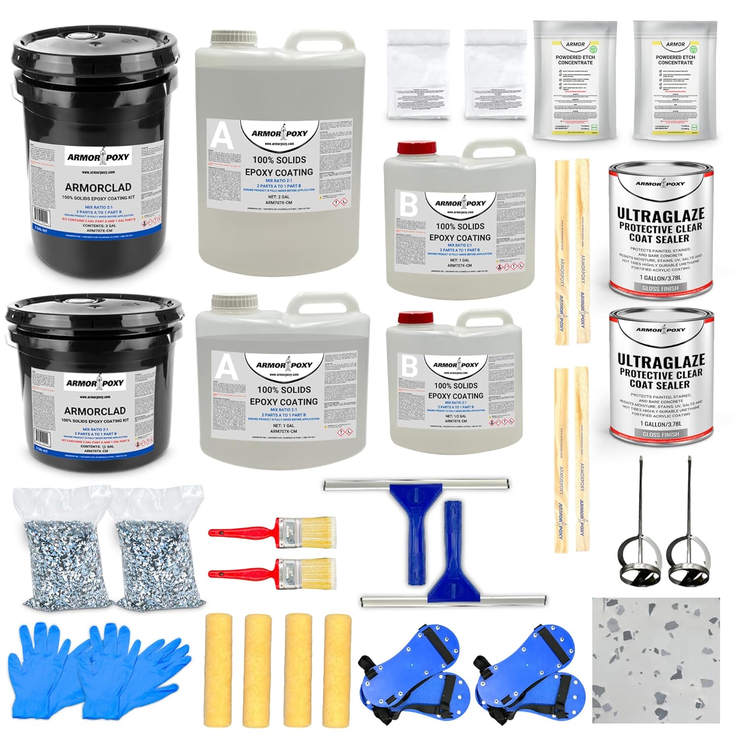 Garage Floor Epoxy Kit - 28-Pc 2 Part - 900 Sq. Ft - LT Gray, Industrial Grade Epoxy Coating Kit - Basements, Workshops, Contractors, Automotive, Storage, Retail Shops