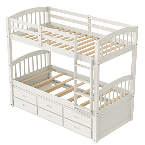 Twin Over Twin Bunk Bed with Storage Drawers and Trundle, Solid Wood Frame G366