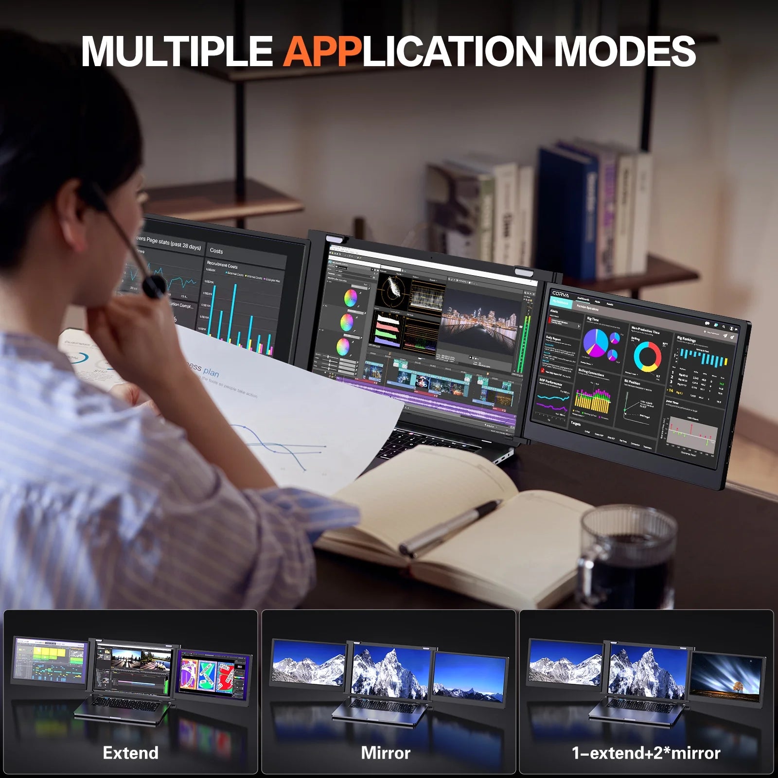 Portable Triple Monitor for 15-17 inch Laptop, 1080P IPS, Plug & Play, USB/HDMI, Black A4747