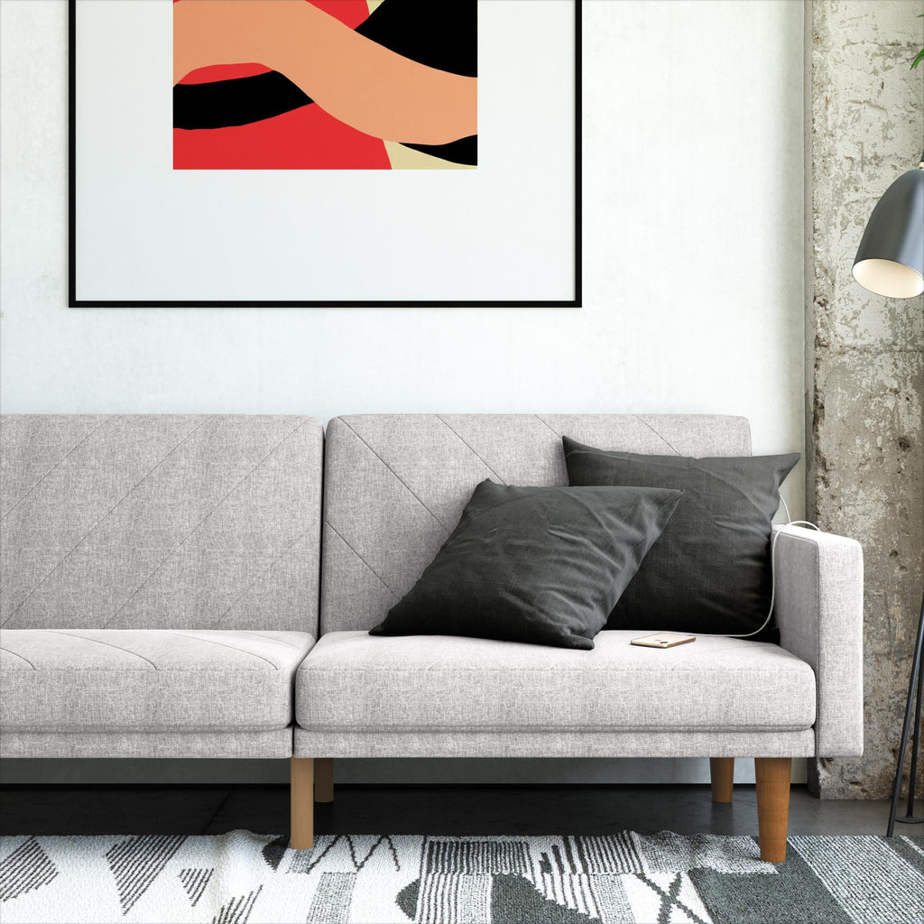 Convertible Sofa Bed with USB Port, Light Gray Linen H2178