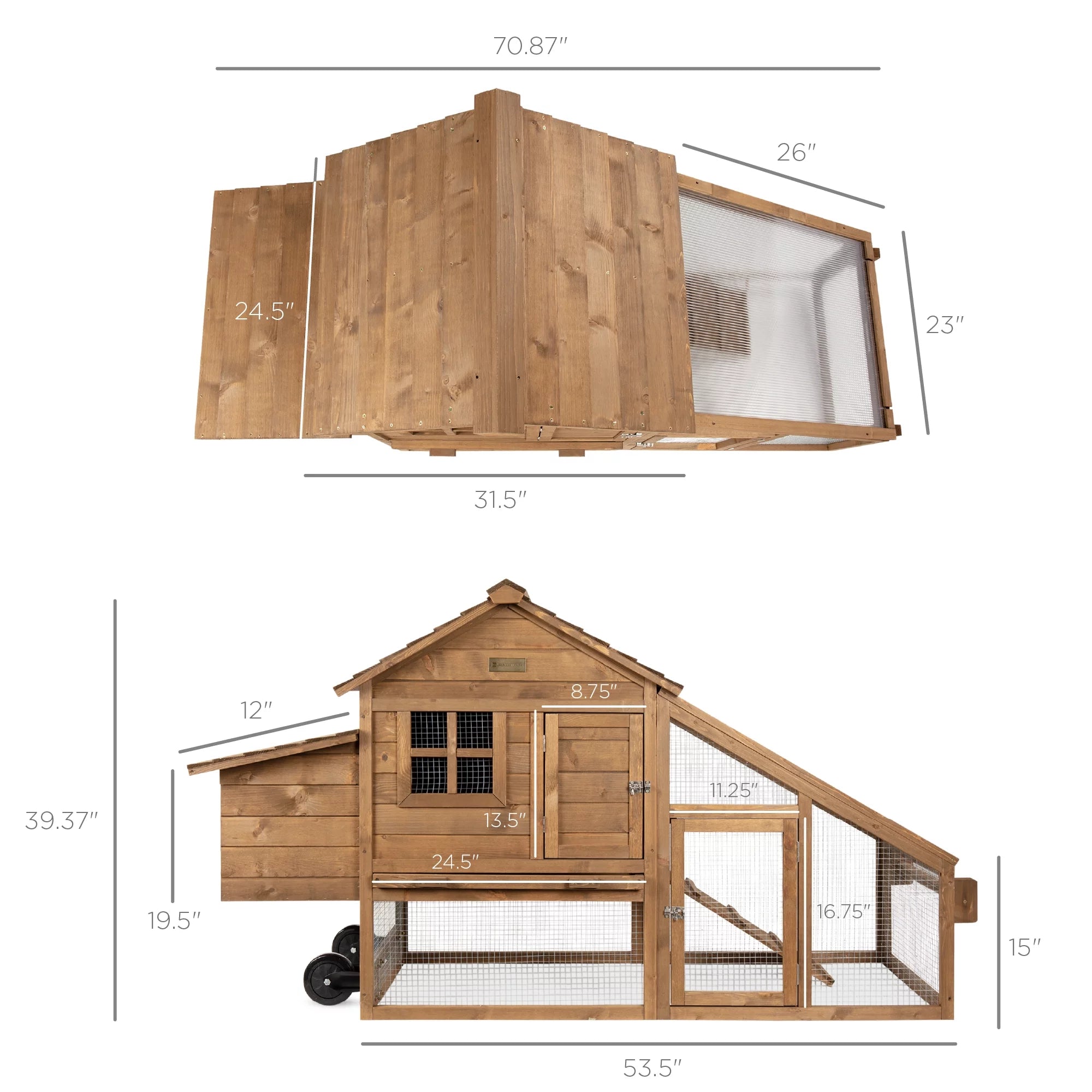 Mobile Fir Wood Chicken Coop Tractor Hen House with Wheels J1446
