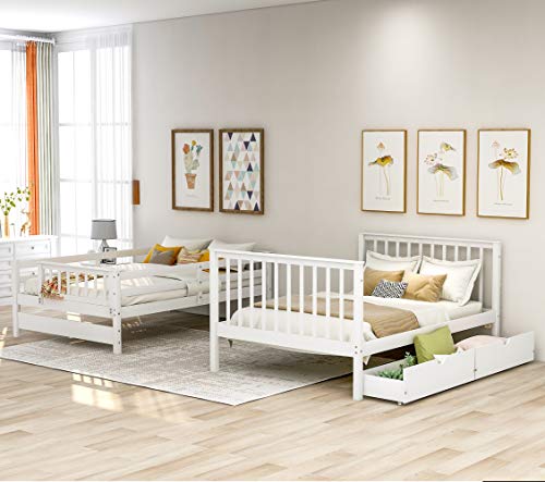 Twin Over Twin/Full Bunk Bed with Trundle and Drawers, Solid Wood Staircase T72769