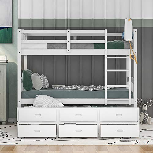 Twin Over Twin Bunk Bed with Storage Drawers and Trundle, Solid Wood Frame G366