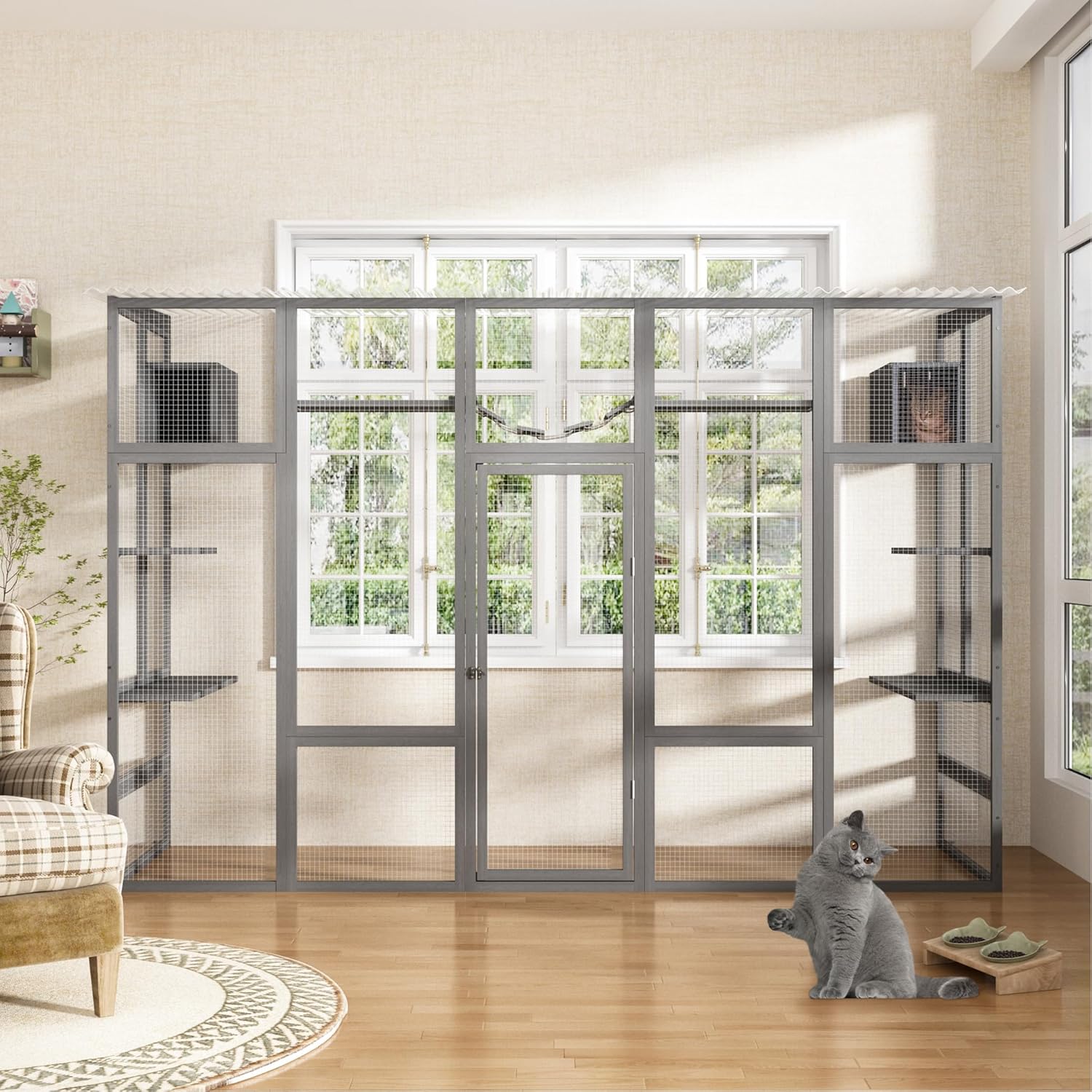 Outdoor Cat Enclosure with Weather Protection Roof, Grey M614
