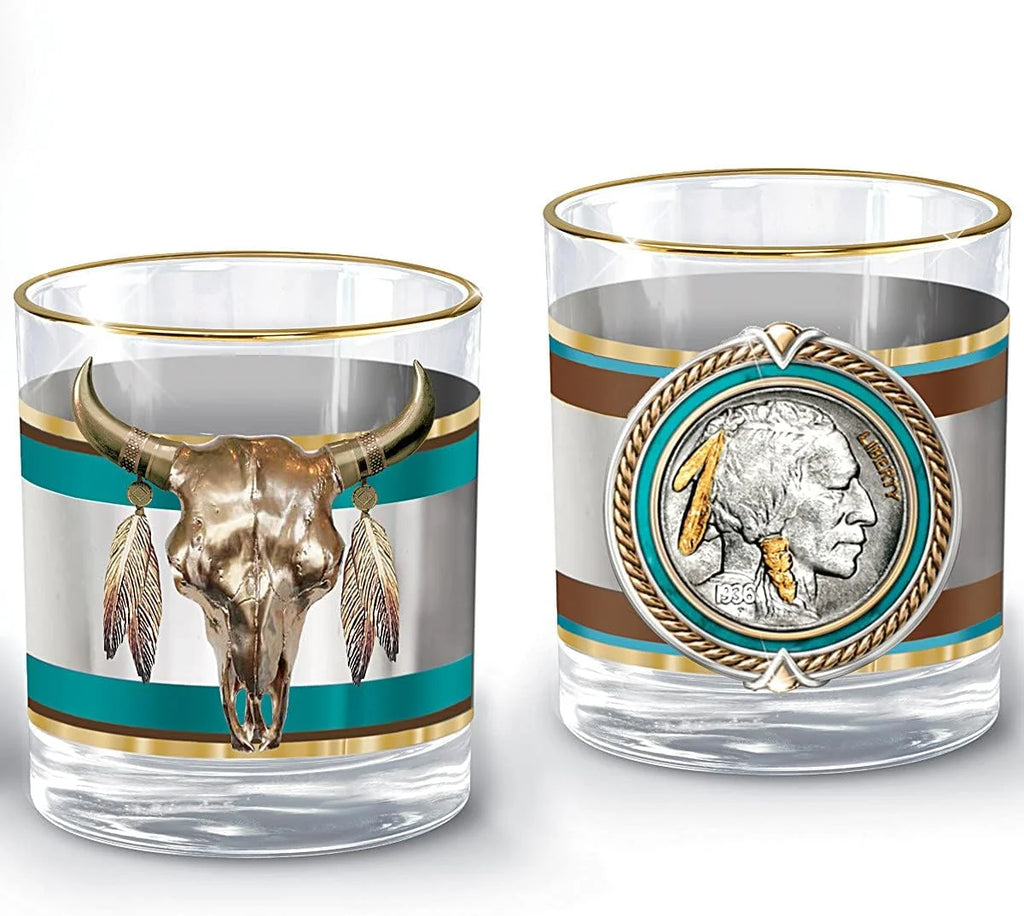 Western Buffalo Nickel Decanter and Glass Set, 5 Pieces with Gold Rims B344