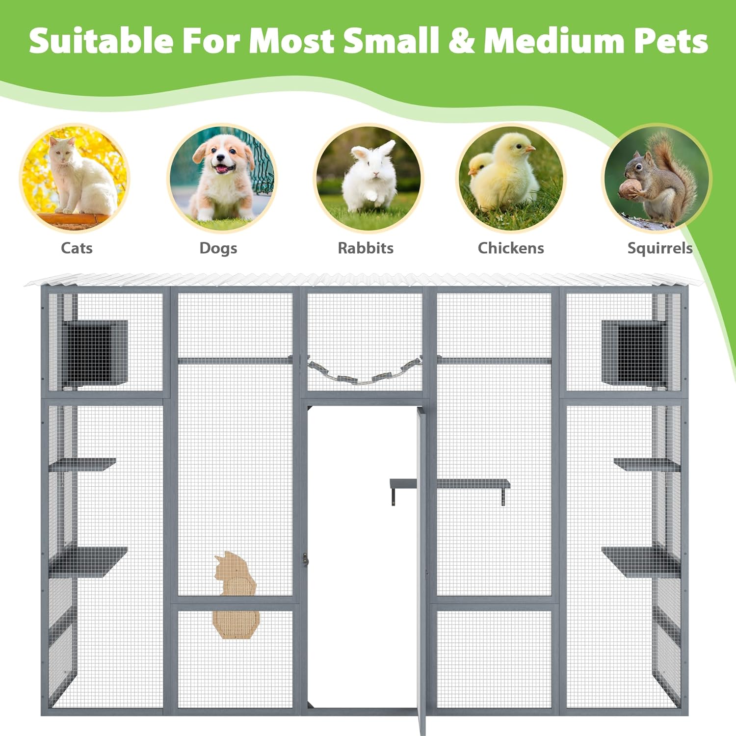 Outdoor Cat Enclosure with Weather Protection Roof, Grey M614