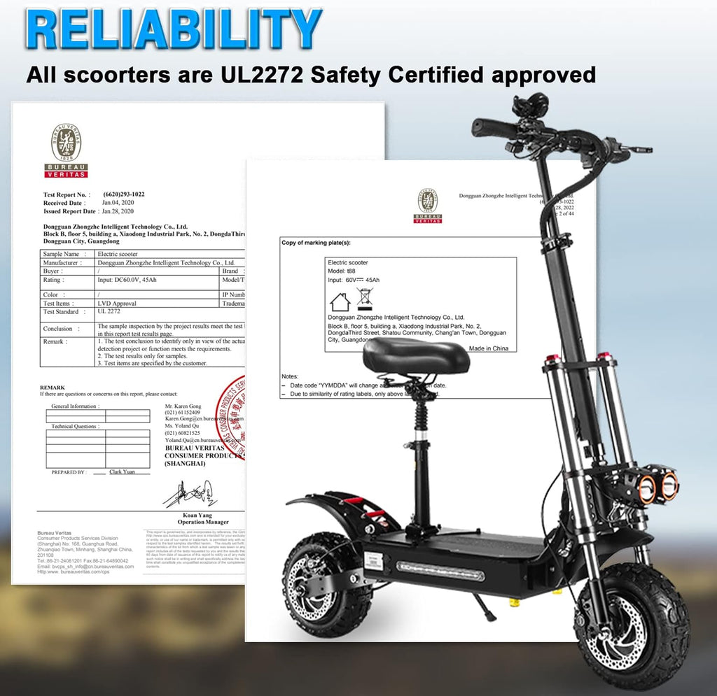 Electric Scooter for Adults with Seat, 50 MPH, 60+ Miles Range, Foldable, 11" Fat Tires V7253